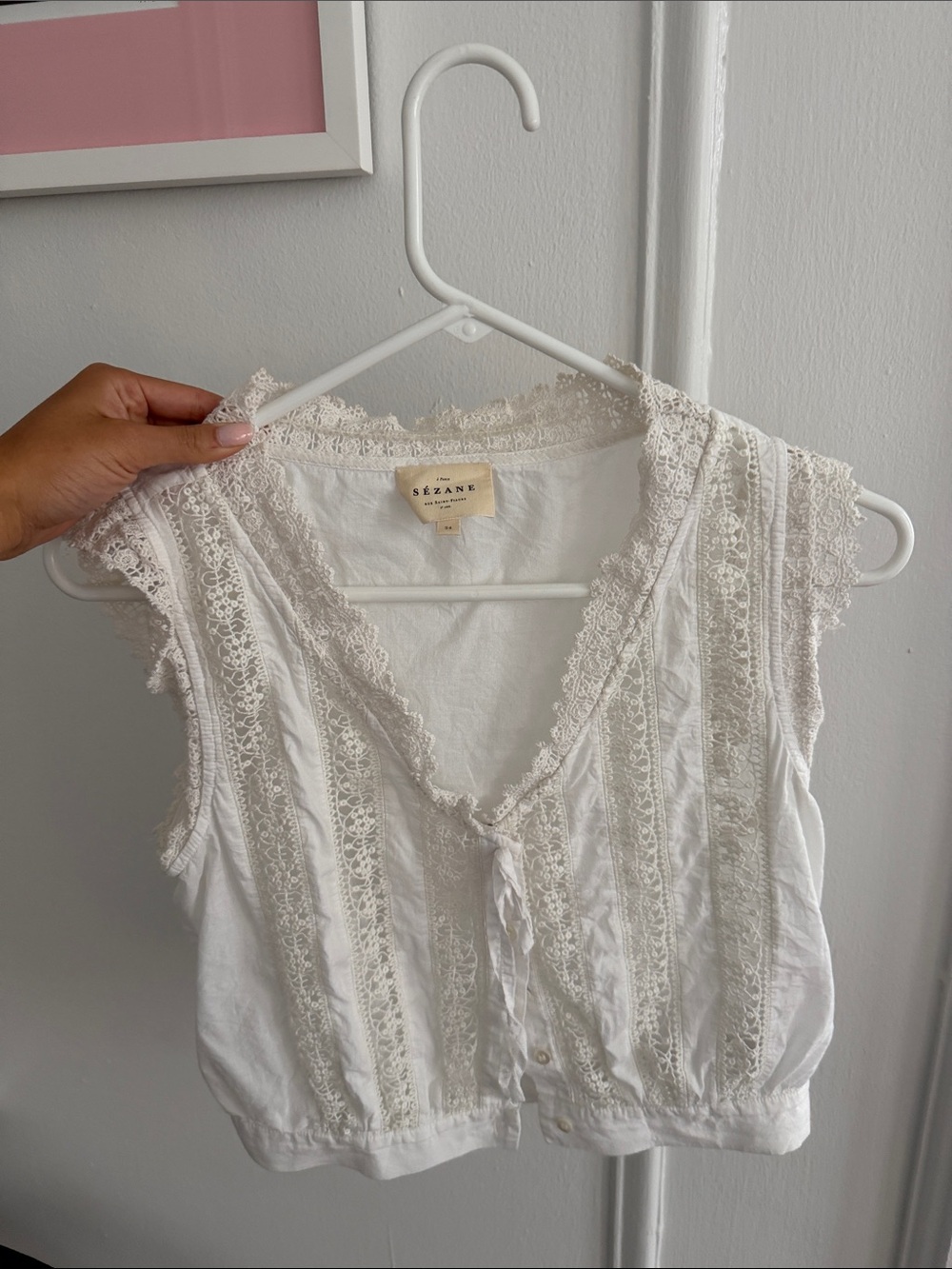Sézane White Lace-Trim Cotton Camisole